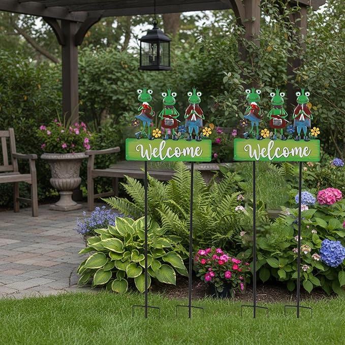 Frog Garden Stakes Decorative Large 41.7inch with Welcome Yard Sign, Whimsical Musical Frogs for Garden Decor Metal Yard Art Outdoor