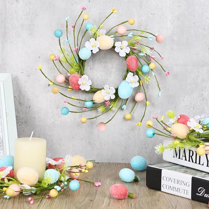 6 PCS Small Easter Wreaths for Kitchen Cabinet Mini Artificial Easter Colorful Egg Wreath for Front Door Spring Summer Hanging Wreath with Ribbon Flower Berry for Porch Window Wall Farmhouse Decor