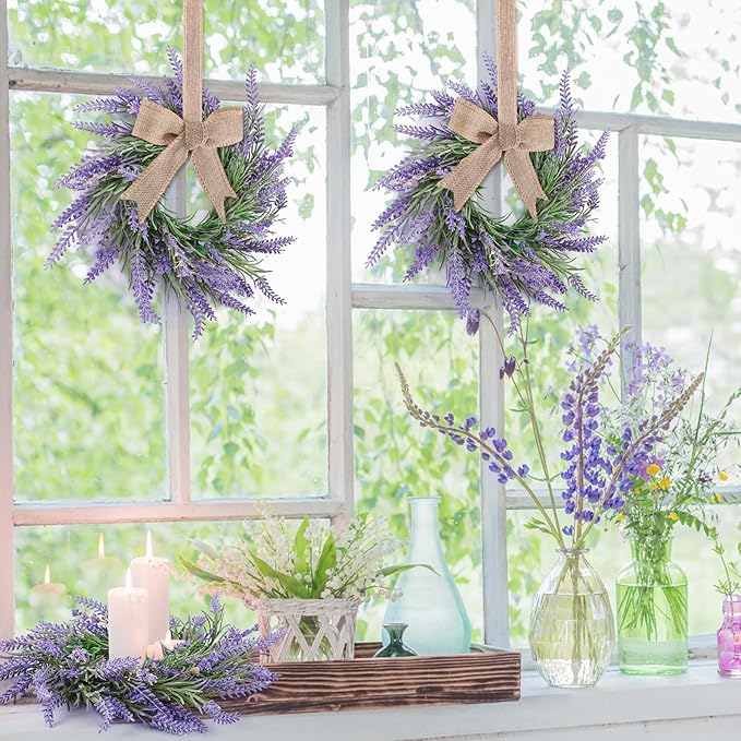 8 Pcs Pillar Candle Ring Wreaths Mini Purple Lavender Wreath Table Centerpieces 9 Inch Wreath for Cabinets Artificial Farmhouse Lavender Wreaths for Front Door Porch Wall Window