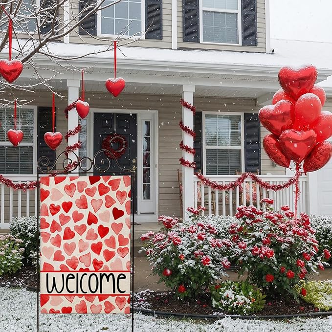 Valentines Love Hearts House Flags for Outdoor Decoration, Welcome Love Hearts Large Yard Flag, Decorative Anniversary Wedding Seasonal Farmhouse Holiday Outside Decor 28x40 Inch Vertical Double Sided