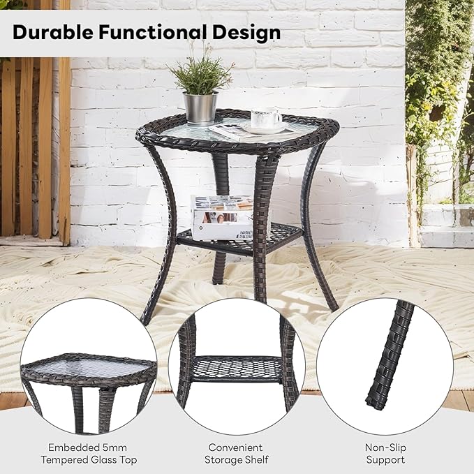 Belord Outdoor Furniture Set Patio Wicker Chairs, 3 Peices Porch Rattan Furniture with Side Table, Deep Seating Patio Bistro Chair Sets (Grey Cushion)
