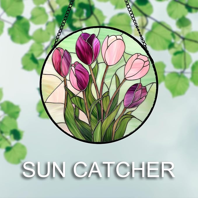 AMDERVEN Stained Glass Window Hanging 4 Pcs Set Tulips Plum Flower Daffodils Hyacinths Large 11.8" - Suncatcher Door Garden Sun Catcher Decor Birthday Mother's Day for Mom Woman Nana