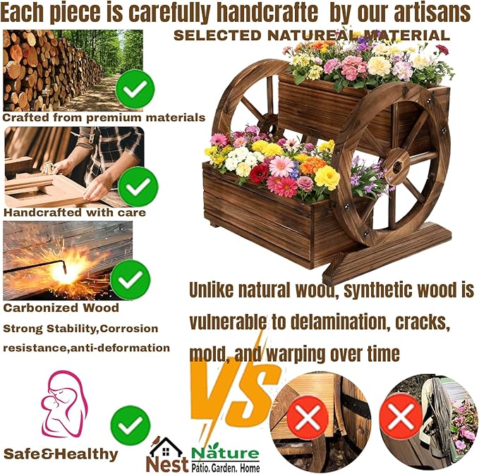 NestNature Wooden Wagon Planter Box,Raised Garden Bed,Decorative Garden Planters with Wheels-Outside Flower Pots for Indoor/Outdoor Décor Plants