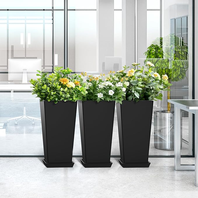 TUYOHW 24 Inch Tall Tapered Square Planters (Set of 2) - Indoor Outdoor Large Flower Pots with Built-in Drainage & Matching Water Tray for Patio, Garden, Home - Black