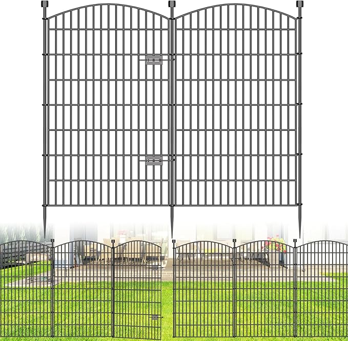No Dig Decorative Garden Fence 5 Panels with Gate, 48 in (H) x 13 ft (L), Dog Fence Outdoor for Yard，Rustproof Metal Animal Barrier Ground Stakes Fencing for Garden, Patio, Flower Bed