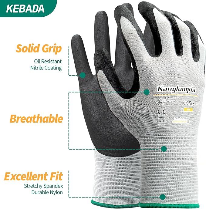 Kebada 60-Pairs Medium Work Gloves for Men and Women, Nitrile Coated Safety Protective Gloves with Grip, Ideal for Warehouse, Delivery, Light Duty Construction Work