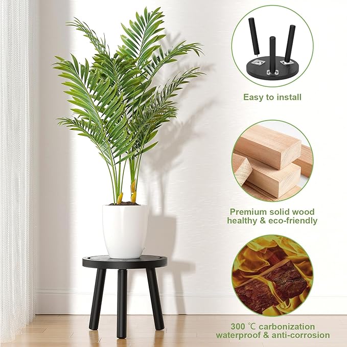 Vecxoty 3-Pack Wood Plant Stands Indoor, Single Plant Stand for 6-12 Inch Pots, Mid-Century Modern Plant Stool, Tall Plant Stand for Large Plants for Living Room, Balcony, Office (Black)