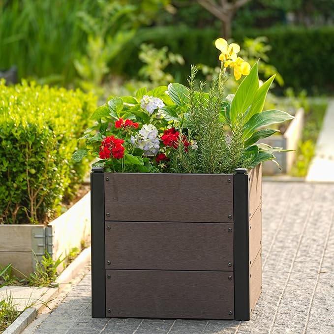 GarveeLife 19" x 19"x 17" Wood Look Raised Garden Bed with Bottom, Outdoor Planter Box for Vegetables & Herbs, Durable Composite Deep Root Bed for Vegetables, Flowers in Backyard, Patio