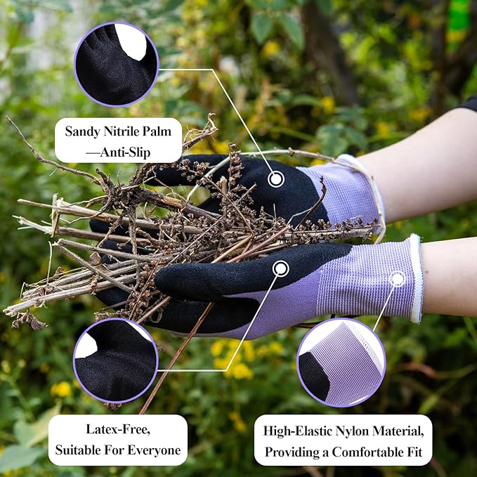 HandLove 2 Pairs Gardening Gloves for Women-Moisturizing Durable Work Gloves.Latex-free Sandy Nitrile Coated for Yard Garden,Touchscreen Friendly Protective Work with Grip, Medium,Blue&Purple