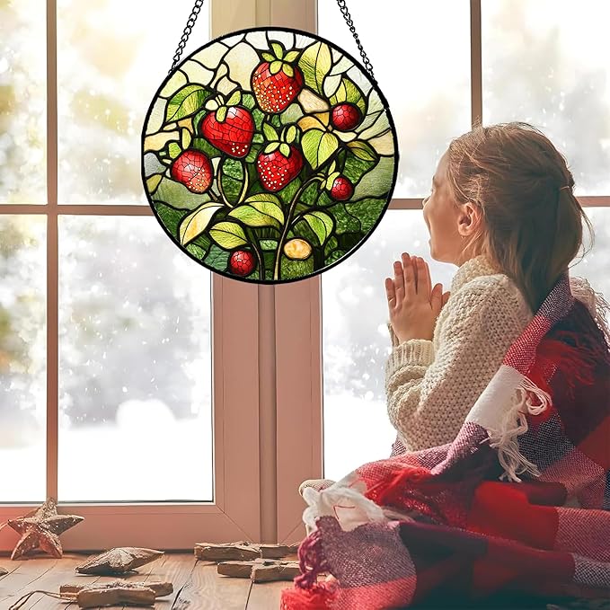 HWRHTR Stained Glass Window Hanging - Red Strawberry Suncatcher for Doors Window Home Green Plant Sun Catchers Decor Christmas Mother's Day Birthday Gifts for Teacher Women Men Mom Nana 7.8 in