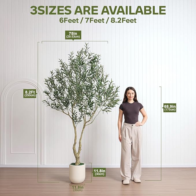 VeriNatural Artificial Olive Tree 8FT Tall, Faux Plants Indoor - Fake Plant with Lifelike Leaves,White Planter - Large Fake Olive Trees for Home Living Room Office Bedroom Floor Decor