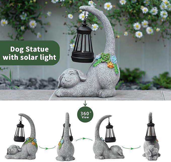 Ploxoiven Garden Cute Dog Gnome Statue Decorations - Solar Resin Dog with Solar Garden Lights Outdoor Decorations for Patio,Yard,Lawn,