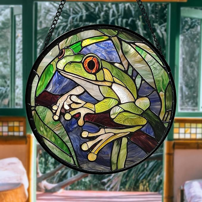 Stained Glass Window Hanging, Teal Frog Sun Catcher for Door Home Decor Green Suncatcher Christmas Mother's Day Birthday Gifts for Women Men Mom and Nana 6.3 in