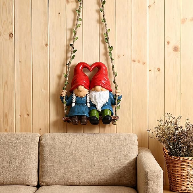 Heart Hat Gnome Couple Swing Hanging Statue - Indoor/Outdoor Funny Gnome Decor, Hanging Garden Ornament for Yard, Tree, Patio, Balcony, Living Room - Gnome Gift for Home Outdoor Decoration