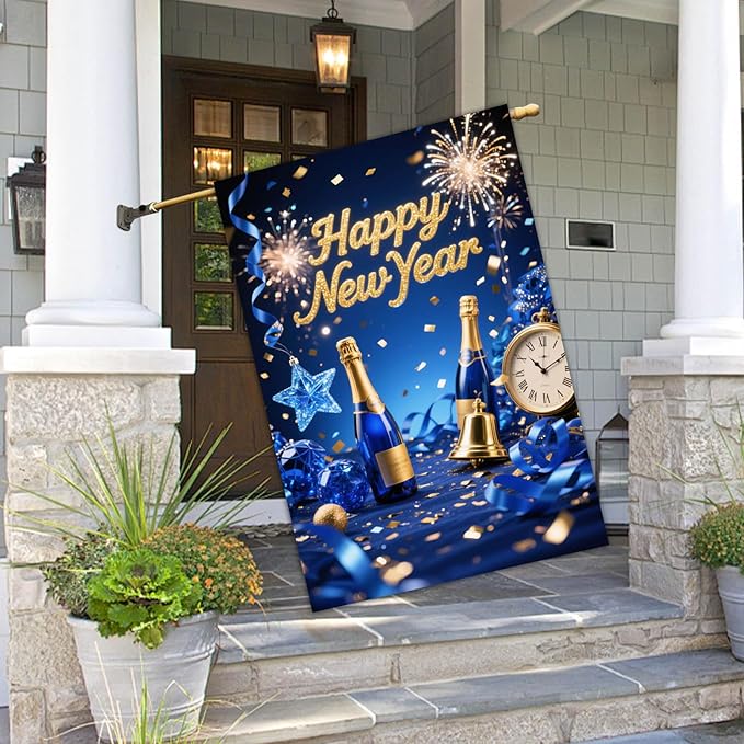 Happy New Year House Flag 28x40 Inch Double Sided Garden Flag Blue Champagne Clock and Fireworks Design Winter Holiday Yard Banner Large Outdoor Flag for Porch Lawn Home Decoration