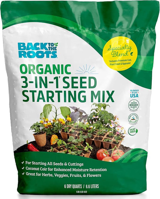 Back to The Roots 3-in-1 Seed Starting Mix 6 Quarts, 100% Organic & USA Made for Herbs, Veggies, Flowers, w/Nutrient Rich Plant Food, Worm-Castings, & Moisture Controlling Yucca Brown