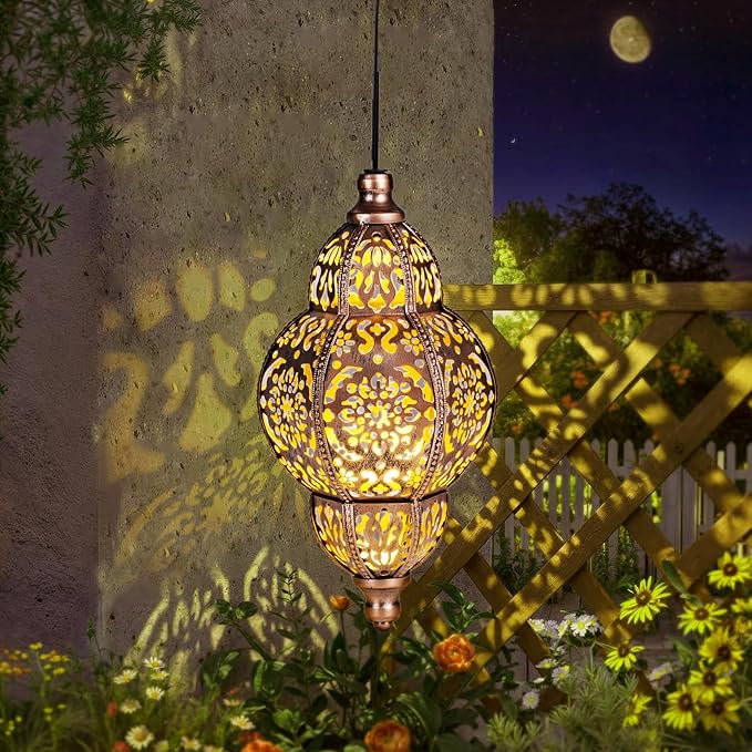 Hanging Solar Lanterns Outdoor Waterproof, Moroccan Solar Lanterns for Outside Garden Decor, Outdoor Hanging Lantern Gardening Gifts for Women Mom Grandma, Yard Patio Lawn Decorations