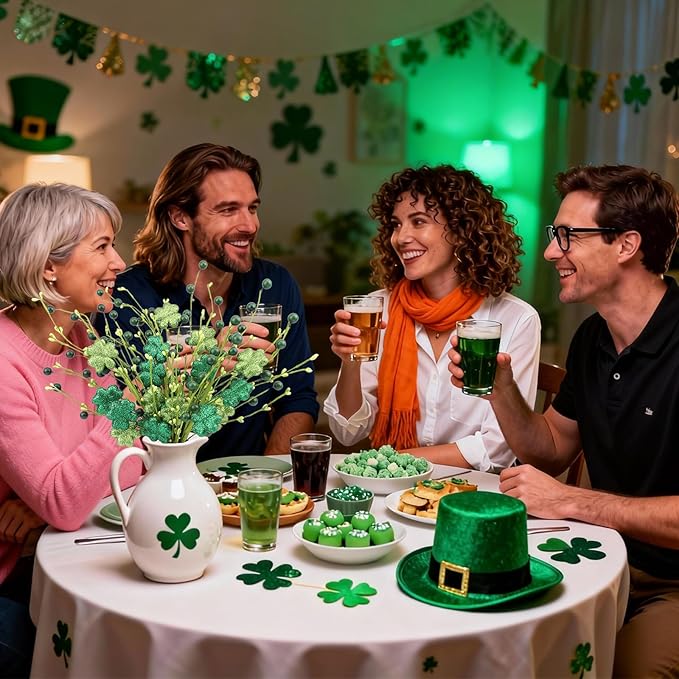 4Pcs St.Patrick's Day Shamrock Flowers Glitter Artificial Shamrock Picks with Lucky Clover Berries for St. Patrick's Day Decorations Centerpieces Home Decor