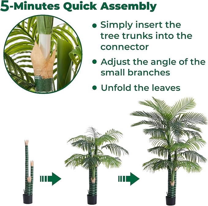 6FT Tall Triple Golden Cane Palm Tree (1 Pack), Large Faux Plants, UV Resistant Indoor/Outdoor Fake Plant in Heavy Cement Pot - Realistic Tropical Decor for Patio, Living Room, Office