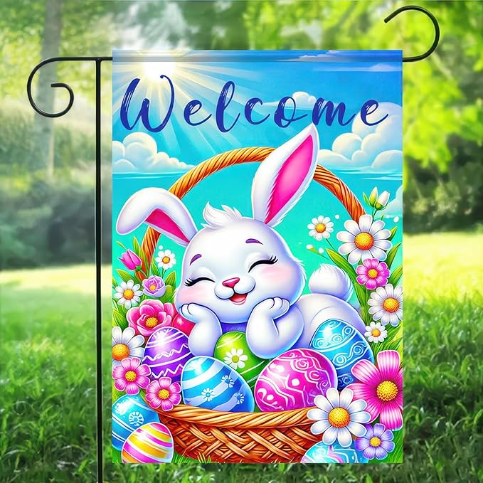 Happy Easter Bunny Garden Flag 12x18 Double Sided Sleepy Bunny Easter Egg Rabbit Easter Garden Flag Outdoor Flag Seasonal Decors for Spring Farmhouse Holiday Yard Outside Decorative Banner