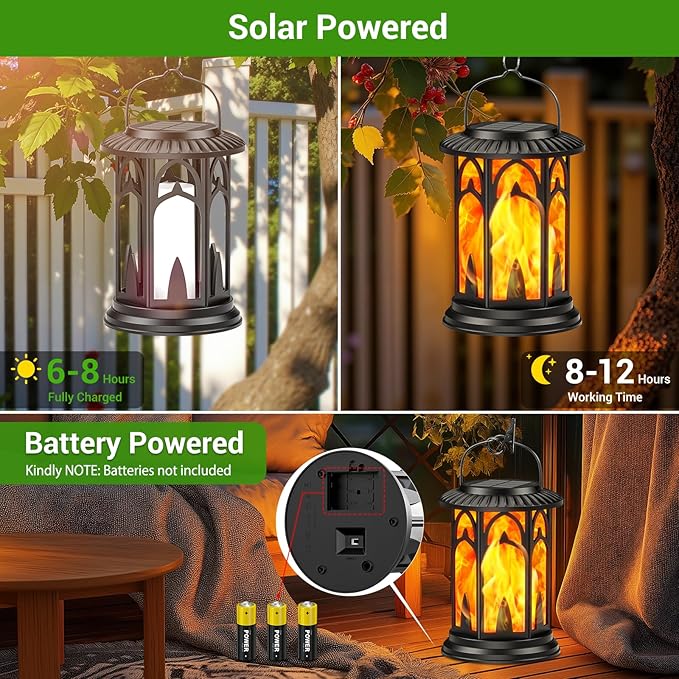 KOOPER Taller Solar Lanterns Outdoor Waterproof Hanging Solar Lantern Lights, 2Pack Upgraded Flickering Flame Lanterns Decorative Outdoor, Battery & Solar Powered lantern for Garden Yard Decor (Black)