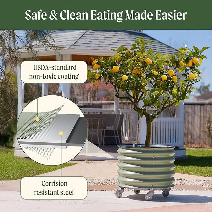 Rolling Metal Citrus Tree Planter, Self-Watering Round Large Pot for Growing Trees Tomatoes Vegetables and Flowers, Raised Garden Bed with Wheels for Porch Patio & Backyard, Twin Pack-Modern Gray
