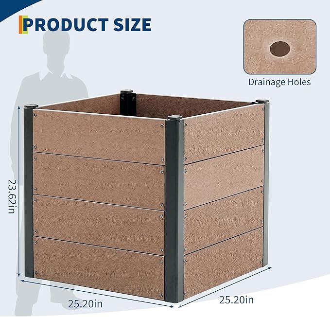 GarveeLife 25" x 25"x 23" Wood Look Raised Garden Bed with Bottom, Outdoor Planter Box for Vegetables & Herbs, Durable Composite Deep Root Bed for Vegetables, Flowers in Backyard, Patio