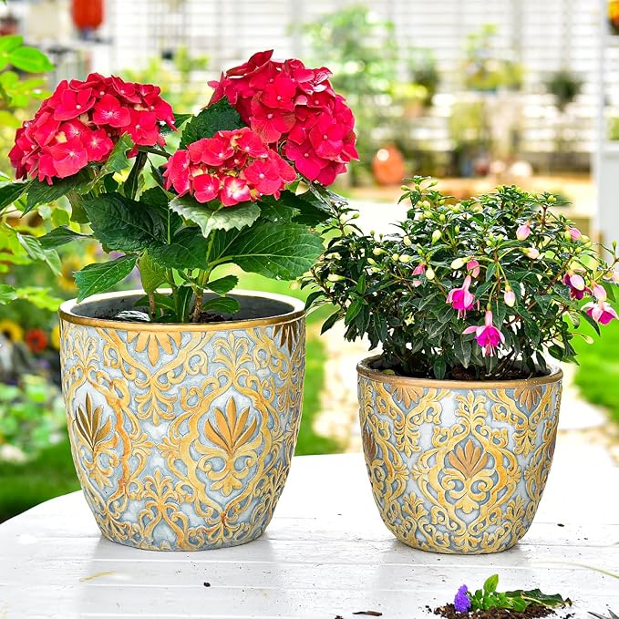 Sungmor Large Heavy Duty Cement Planters, Beautiful Embossed Concrete Garden Pots, 8" & 10" Set of 2 Plant Pots with Drainage Hole, Home Garden Decorative Flower Pots for Indoor Outdoor Plants Floral