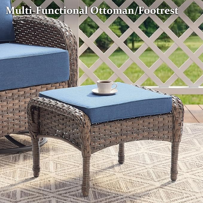 Outdoor Swivel Rocking Chair Patio Set (6-Piece), High-Back - Thick Cushion Swivel Rocking Chair Patio Set, All-Weather Wicker Patio Furniture Set, Suitable for Balcony Patios, Brown/Blue