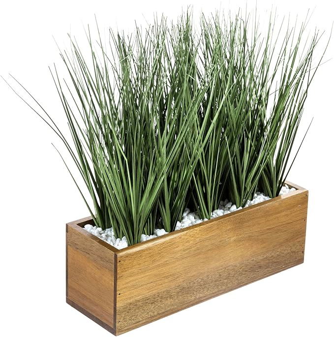 MyGift Artificial Grass Plants in Premium Acacia Solid Wood Planter Box, 12 Inch Decorative Wooden Container with Faux Greenery Plant, Indoor Table Decor