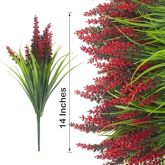 Grunyia 20 Bundles Artificial Plants Outdoor Fake Monkey Grass with Flowers (Red)