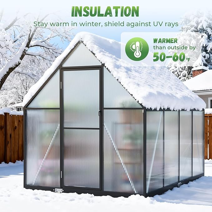 6x8FT Greenhouse for Outdoors, Galvanized Steel Frame Winter Green House w/Adjustable Roof Vent, Lockable Door Handle &DrainageSystem, Walk-in Greenhouses for Outside Garden Backyard
