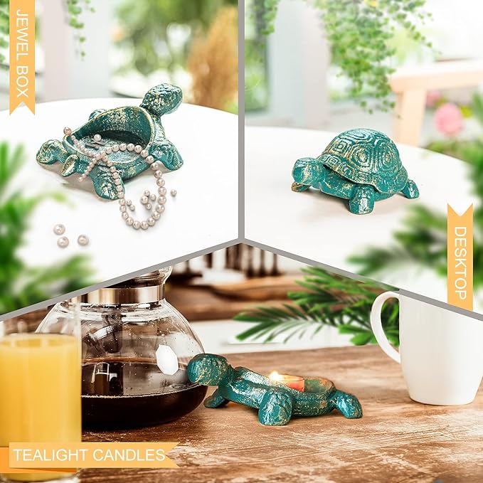 Sungmor Cast Iron Turtle Key Hider – Heavy Duty Indoor Outdoor Spare Key Holder & Garden Decor, Antique Green Small Animal Statue for Porch, Shelf, Patio
