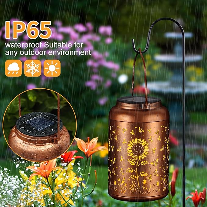 Solar Lanterns Outdoor, Waterproof Hanging Metal Solar Lanterns LED Decoration for Garden, Yard, Patio - Perfect Birthday Gifts for Women Mom Grandma(Sunflower+Bee)