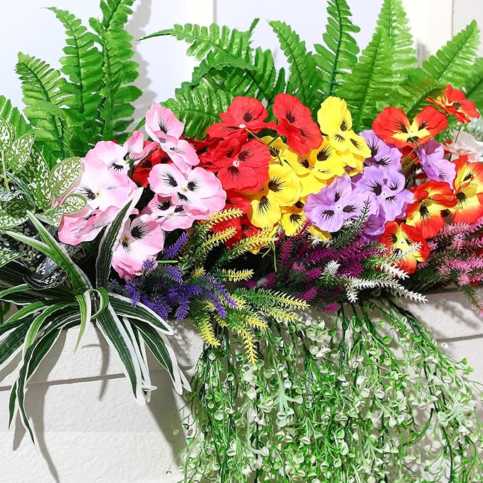 24 Pcs Outdoor Artificial Plants UV Resistant Faux Plant Fake Greenery Stems Faux Shrubs Flower for Outside Hanging Front Porch Patio Garden Window Box Home Wedding Summer Spring Decor(Mix Color)