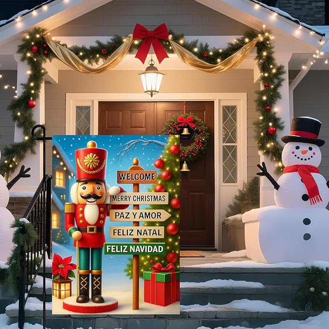 IVN Christmas Garden Flag 12x18 Inch Double Sided Nutcracker with Multilingual Holiday Sign Outdoor Yard Flag for Outside Home Front Door Lawn Porch Patio Welcome Decor