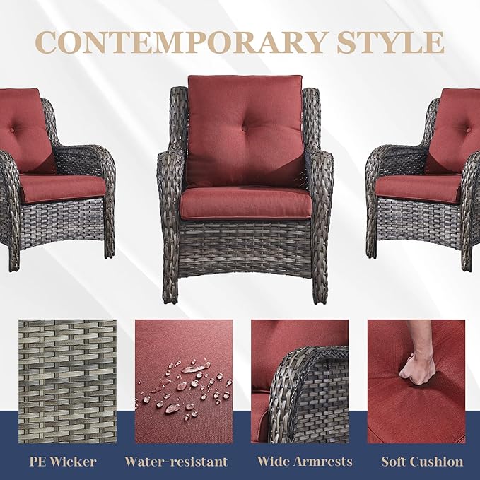HUMMUH 6 Pieces Patio Furniture Set Wicker Patio Chairs Set of 2 with Sofa Ottomans Side Table Outdoor Furniture Conversation Set for Yard,Garden,Porch