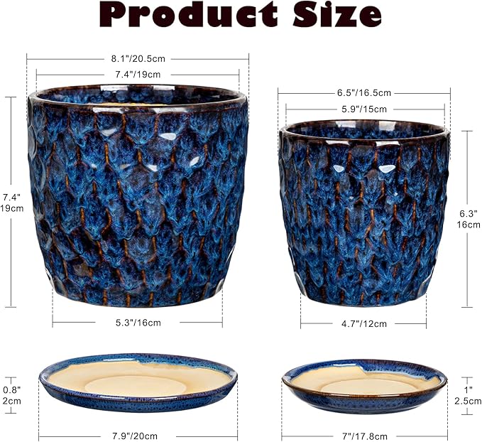 Hollyone Blue Ceramic Pot for Plants Flowers Ceramic Planter with Drainage Hole and Saucers 8 + 6.5 Inch Set of 2 Glaze Round Flower Plant Pot for Indoor Outdoor Large Succulent Orchid Flower Pot