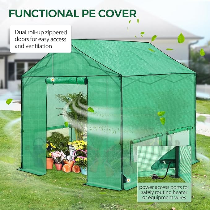10x10 Pop Up Walk-in Greenhouse, Indoor & Outdoor PE Cover Green House with Power Access Ports, Support Pole, Roll-up Zippered Doors and Windows, Green