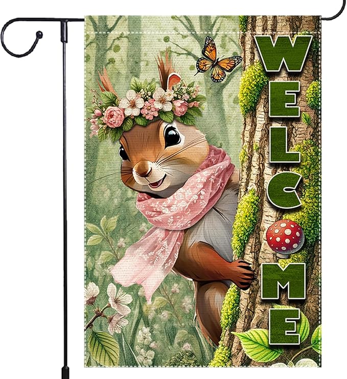 Spring Summer Garden Flag Decorations 12x18inch Burlap Double Sided Squirrel Summer Garden Flags For Outside Yard Home Outdoor Patio Lawn Decor,Welcome Garden Banner (RMQ86, 12"X18")
