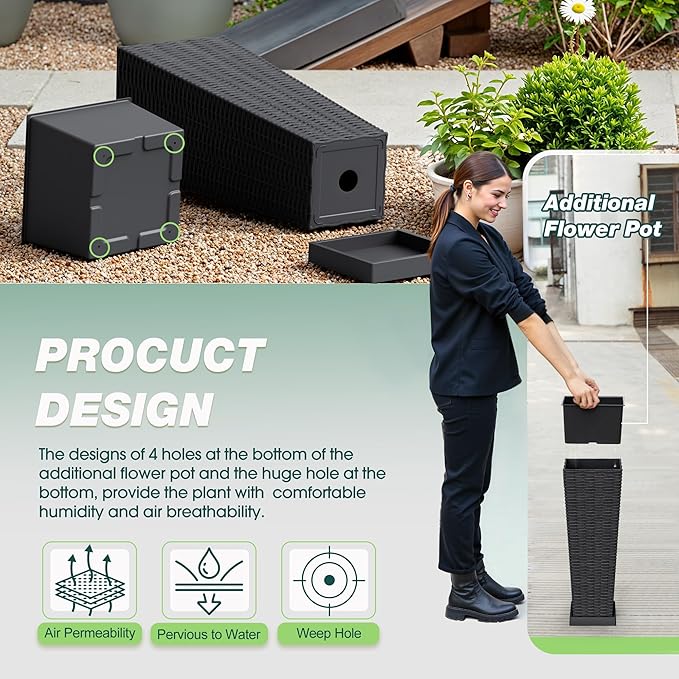 Flamaker Set of 2 Resin Rattan Planters with Tray for Indoor Outdoor, 24'' Tall Flower Pots with Drainage Holes&Inner Pot, Tapered Planters for Garden, Patio, Porch (Black, Small)