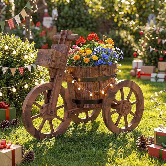 Giantex Wooden Wagon Planter with Wheels Set 2, Rustic Wood Plant Stand with Drainage Hole for Flowers Herbs Vegetables, Indoor Outdoor Decorative Garden Flower Cart for Patio Backyard Balcony