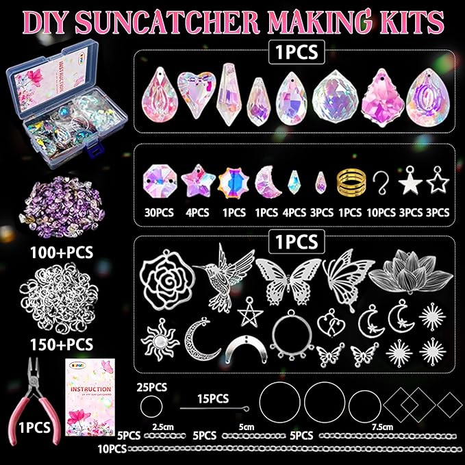 HAPGFS DIY Suncatcher Kit, 411pcs Art and Crafts Rainbow Maker for Adults Sun Catchers Making Supplies Hanging Prism Sun Catcher with Crystals Indoor Outdoor Garden Party Decor Silver