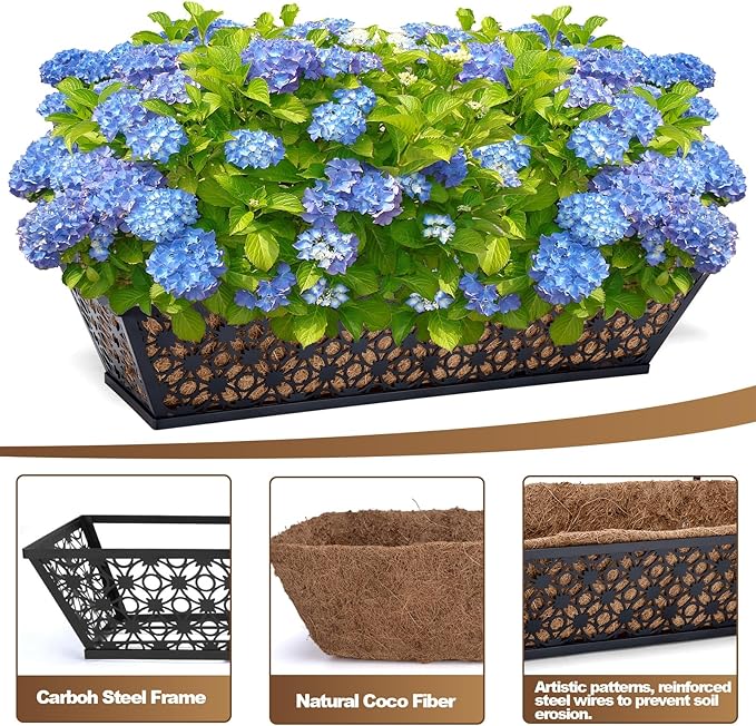 4 Pack 24 Inch Window Box Planters Outdoor,Deck Railing Planter Boxes with Coco Liner,Metal Hanging Window Flower Boxes for Balcony Fence Porch Garden Railing – Outdoor Window Flower Box