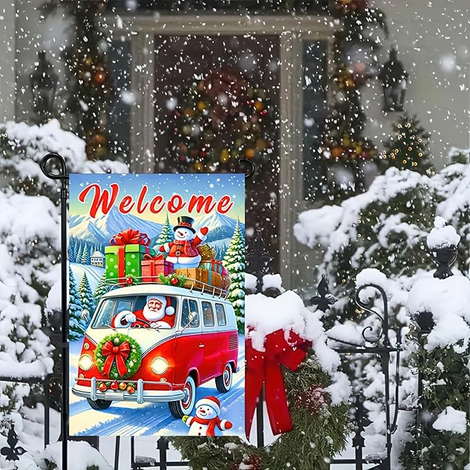 Christmas Welcome Bus Garden Flag 12x18 Inch Double Sided Holiday Santa with Gifts Snowman Small Outdoor Yard Flag Seasonal Welcome Garden Banner for Porch Lawn Patio Christmas Decor