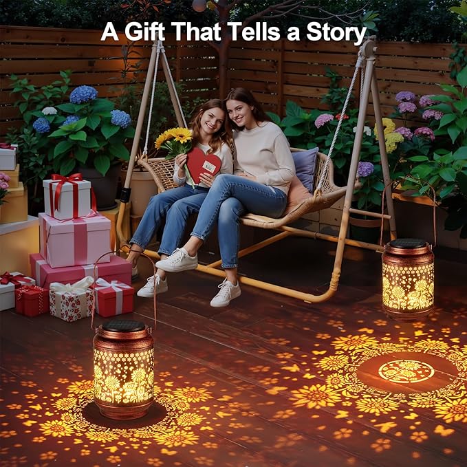 KOOPER Solar Lanterns Outdoor Waterproof Birthday Gifts for Women Mon Grandma, 2 Pack Upgraded Hummingbird Hanging Solar Lantern Lights Outdoor, Metal Outdoor Decoration for Yard, Porch (Sunflower)