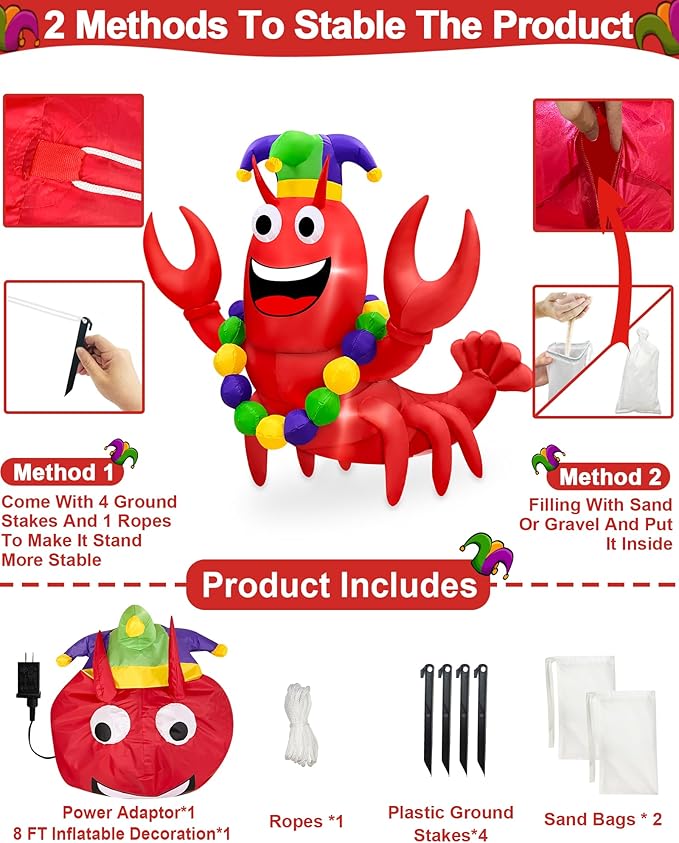 6 Ft Mardi Gras Decorations Inflatable Lobster with Crown Necklace Built-in LED Lights, Blow Up Lobster Outdoor Decor for Mardi Gras Carnival Party Yard Lawn Garden Home Indoor