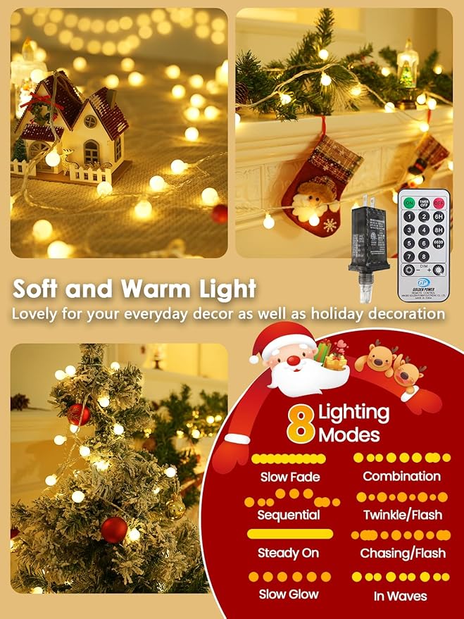 2-Pack Connectable Globe String Lights | Total 86FT 200LED Warm White String Lights Plug in with Remote | 8 Modes Hanging Fairy Light for Indoor Outdoor Bedroom Party Classroom Christmas Tree Decor