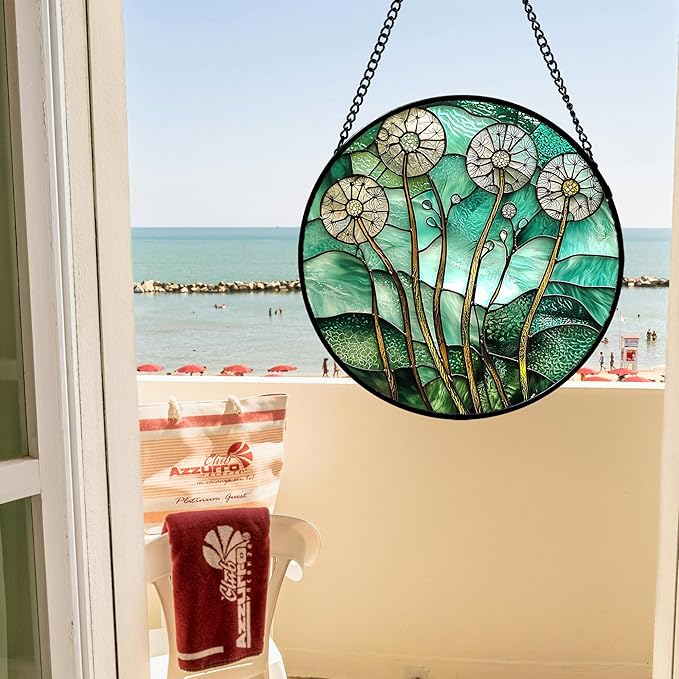 AMDERVEN Stained Glass Window Hanging, Green Abstract Lotus Leaves Tree Sun Catcher for Window Door Home Decor Plant Suncatcher Christmas Mother's Day Birthday Gifts for Women Men Mom Nana 6.3 in