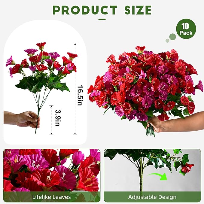 Artificial Morning Glory Flowers Plants for Outdoor 8 Pcs Faux Silk Petunias Flower Realistic Faux Flowers Plants for Outside Planter Porch Yard Patio Balcony Home Indoor Decor (8 Pcs Red+Purple)